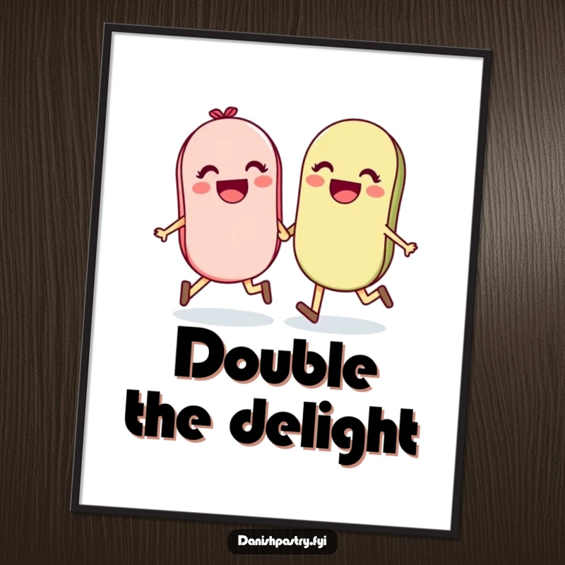 Funny wall art print of a happy macaron pair holding hands and skipping, celebrating friendship and sweet moments.