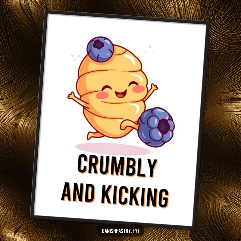 Funny Poster: A smiling croissant with small legs energetically kicks a blueberry, creating a humorous and lively breakfast scene.