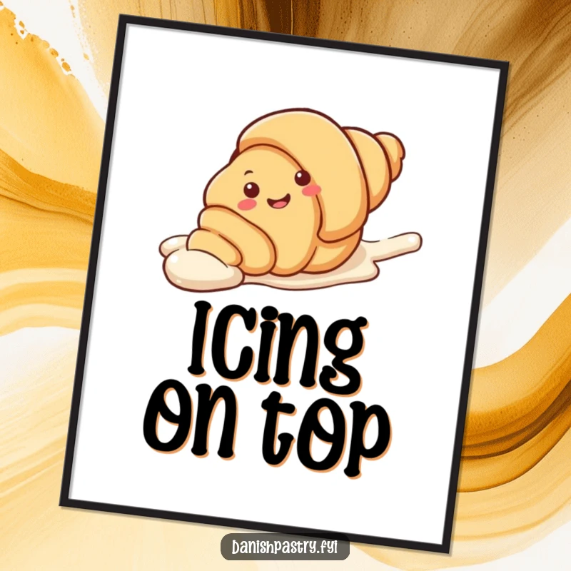 Funny Poster of a smiling croissant character playfully sliding down a white icing streak. Whimsical wall art for pastry lovers.