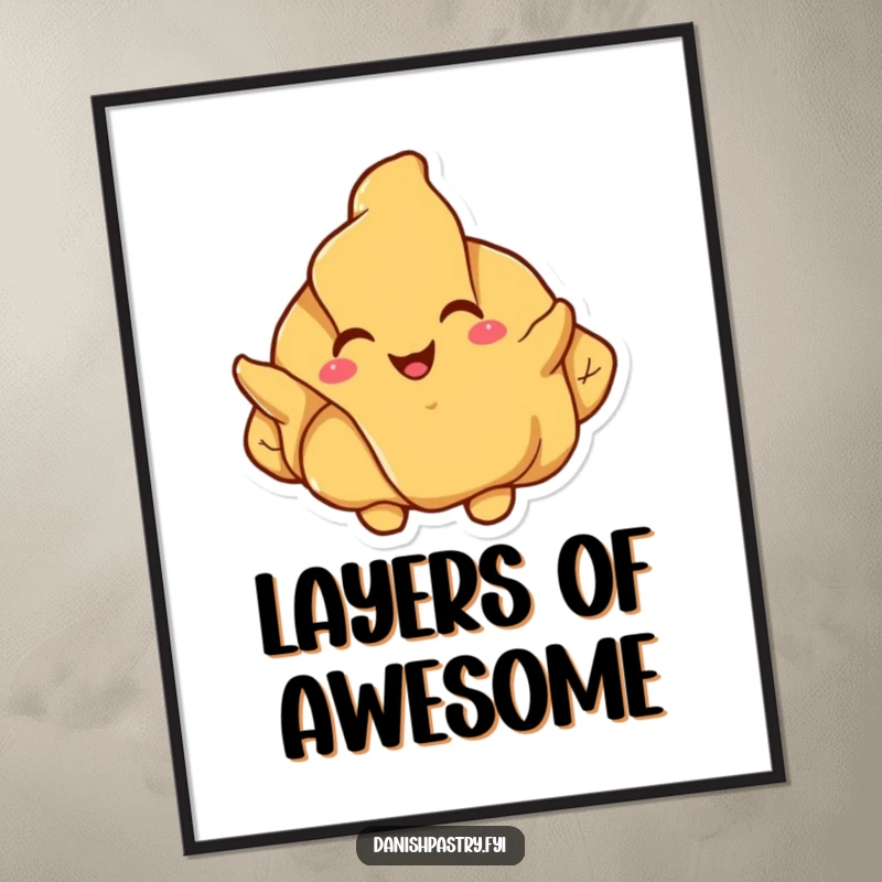 Funny croissant poster, a happy pastry character joyfully unfolding its flaky layers, bringing cheerful vibes to decor.