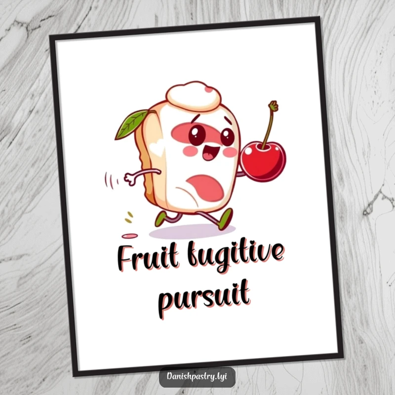 Funny Danish pastry poster, character comically chasing a rolling cherry, whimsical wall art for a humorous gift.