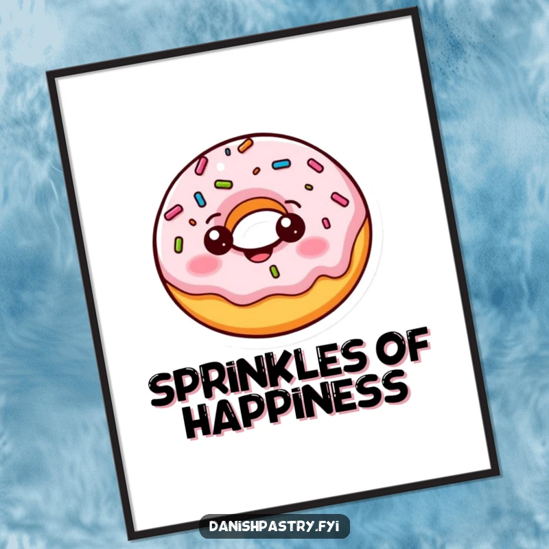 Funny donut poster art, a cheerful character doing a playful bounce with wobbling sprinkles, adding fun decor.