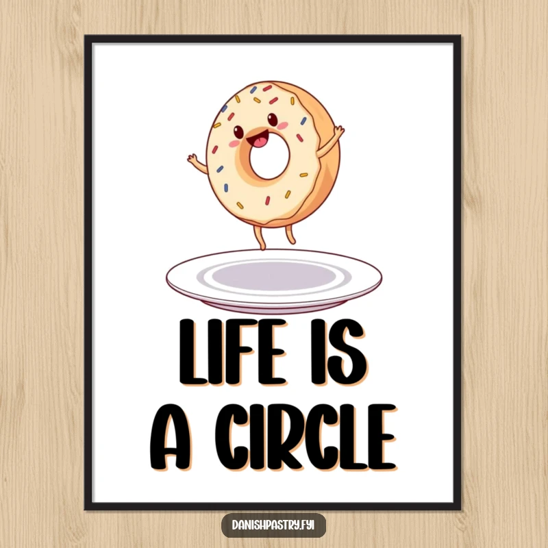 Funny Poster: A cheerful donut with colorful sprinkles performs a cartwheel on a plate, creating a lively and humorous art piece.