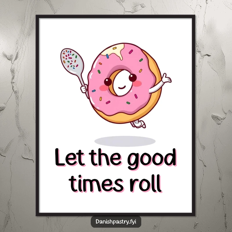 Funny poster of a smiling donut character dancing with a sprinkle-covered spoon, ideal for sweet and cheerful decor.