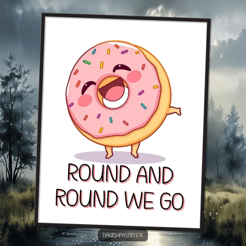 Funny poster art of a laughing donut covered in sprinkles, mid-somersault, adding a playful and humorous vibe to wall decor.