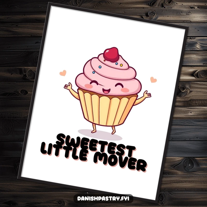 Funny cupcake dancing with glee, vibrant and full of life, presented as cheerful wall art for a happy home.