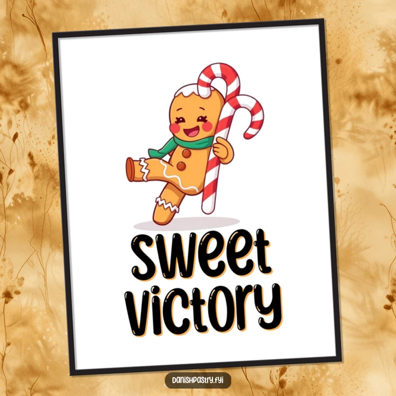 Funny poster displaying a gleeful gingerbread man energetically kicking a giant candy cane, perfect for seasonal wall art.