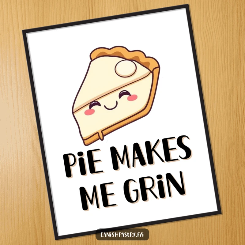 Funny pie slice poster capturing a joyful character with a happy grin taking a bite, creating a scene of delicious, humorous delight.