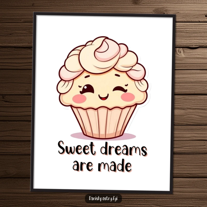 Funny poster art of a cheerful cupcake with elaborate frosting hair, playfully winking, adding humor and charm to wall decor.