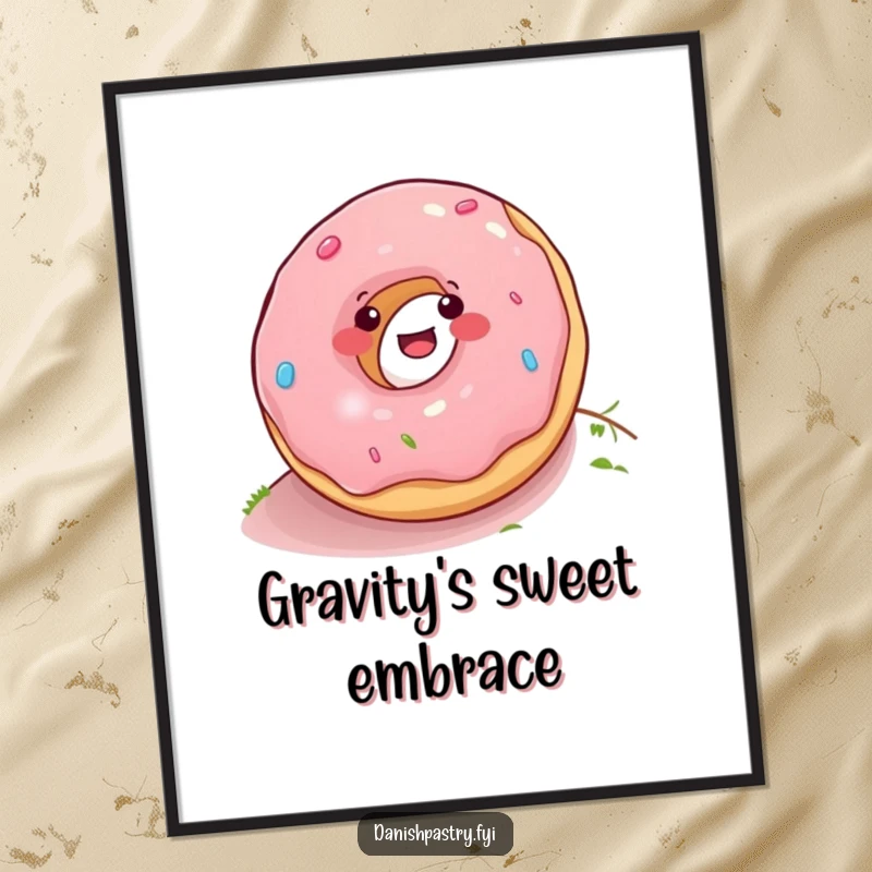 Funny donut in dynamic motion, rolling down a whimsical hill, presented as cheerful wall art to inspire smiles.