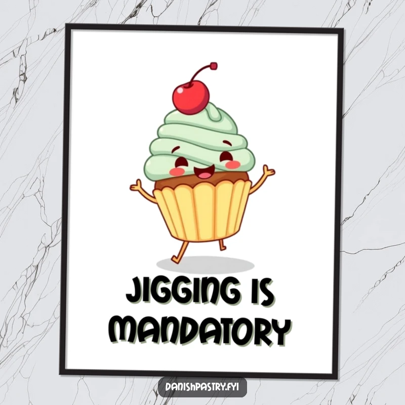 Funny poster print of a gleeful cupcake with a cherry, doing a happy jig. Whimsical and vibrant dessert art.