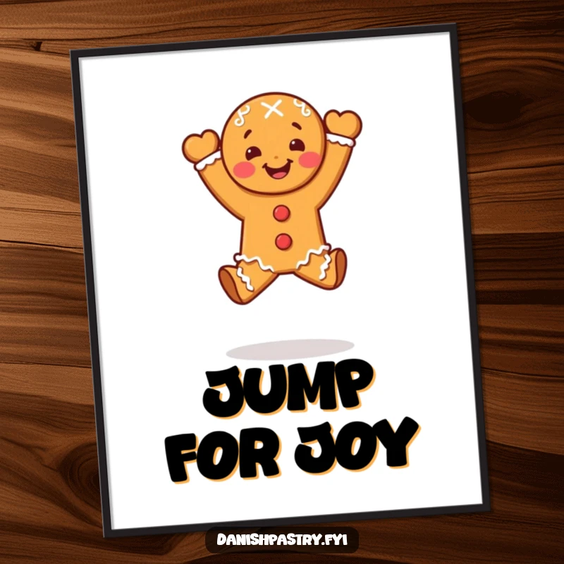 Funny gingerbread person doing a celebratory leap, as a hilarious dessert art print poster.