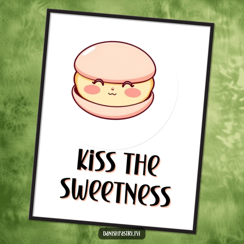 Funny poster art of a happy macaron with rosy cheeks, blowing a kiss, adding sweetness and humor to wall decor.