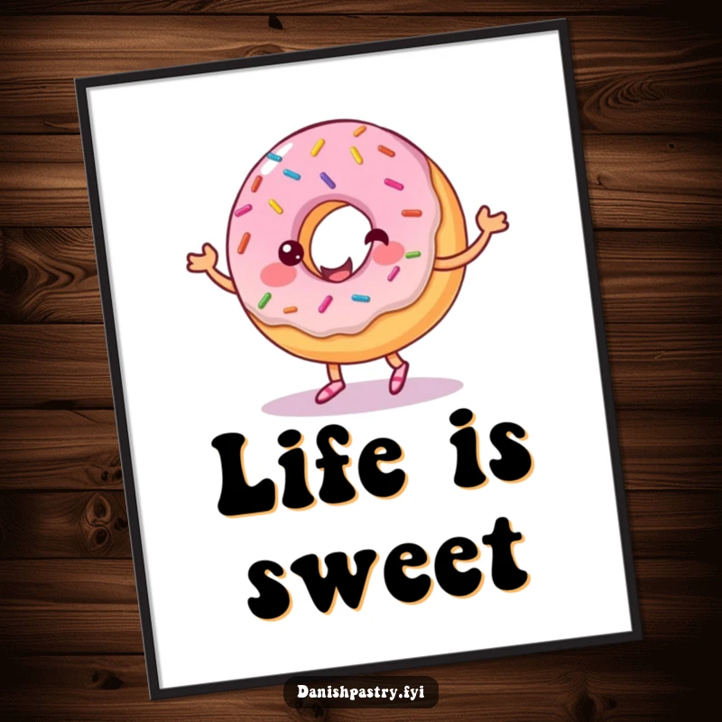 Funny poster print of a cheerful donut with sprinkles, dancing with a ribbon of frosting. Whimsical and vibrant food art.