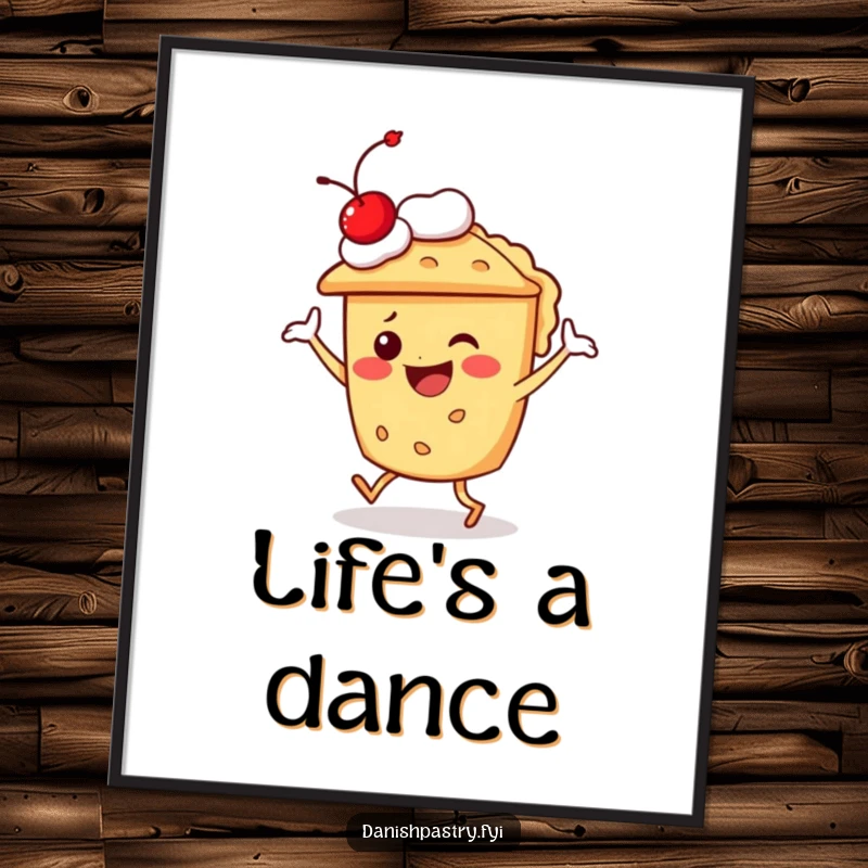 Funny pie character doing a silly dance, cherry on top, displayed as a hilarious dessert art print poster.