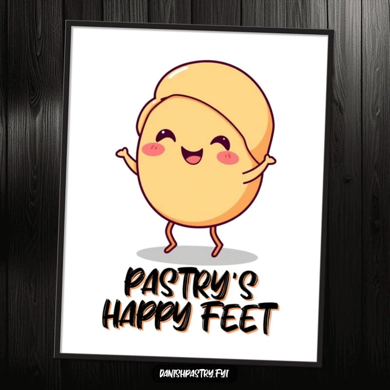 Funny croissant poster of a smiling croissant with tiny legs doing a cheerful jig, whimsical wall decor and gift.