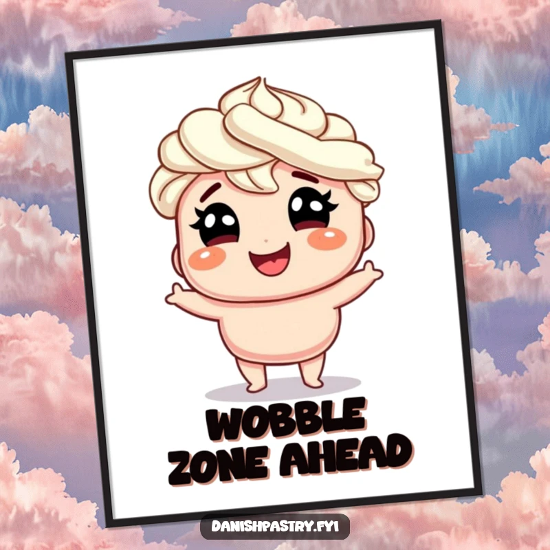 Funny smiling Danish with whipped cream hair doing a silly wobble with glee, a whimsical and humorous poster for charming wall art.