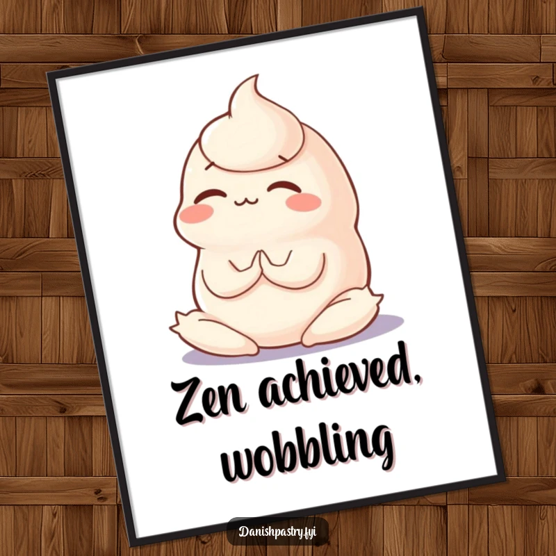 Funny wall art poster of a wobbly panna cotta in a concentration-filled yoga pose, celebrating mindfulness and humor.