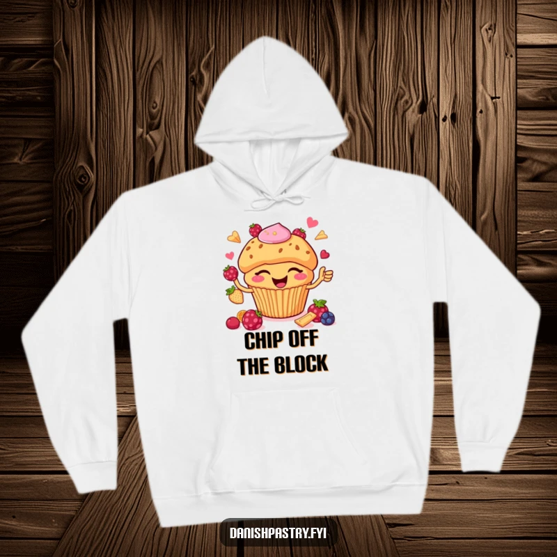 Funny Hoodie: A happy muffin with chips winks while juggling berries, perfect for cozy, humorous relaxation.
