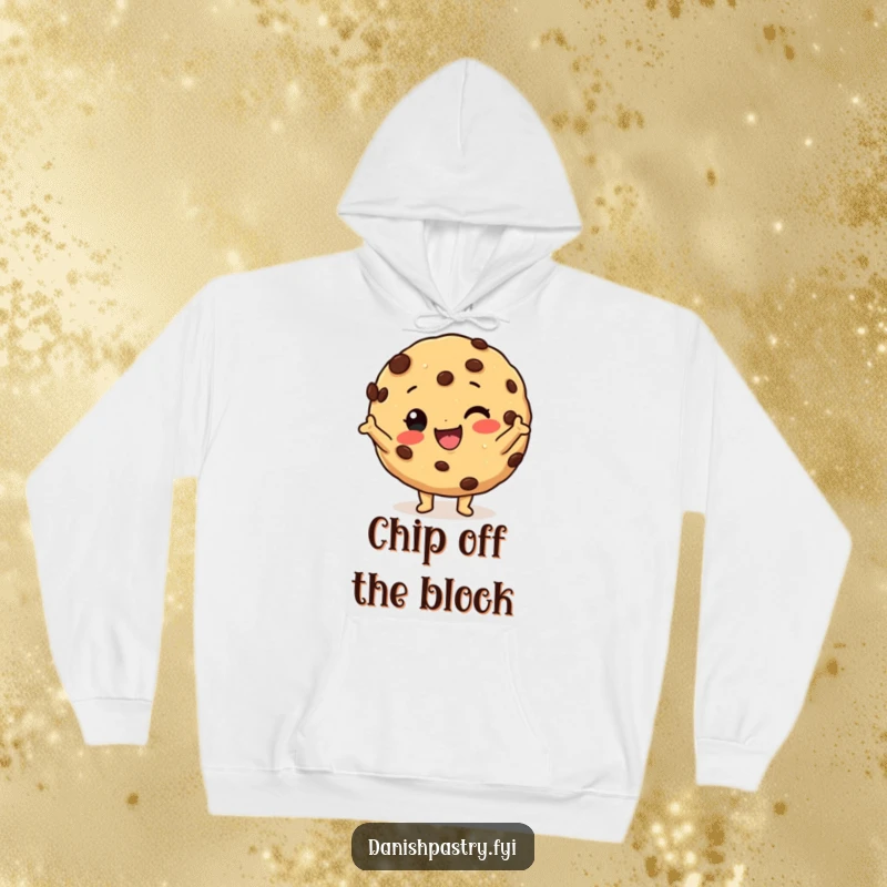 Funny cookie hoodie showing a happy character with chocolate chips in a silly pose, a symbol of sweet, humorous comfort.