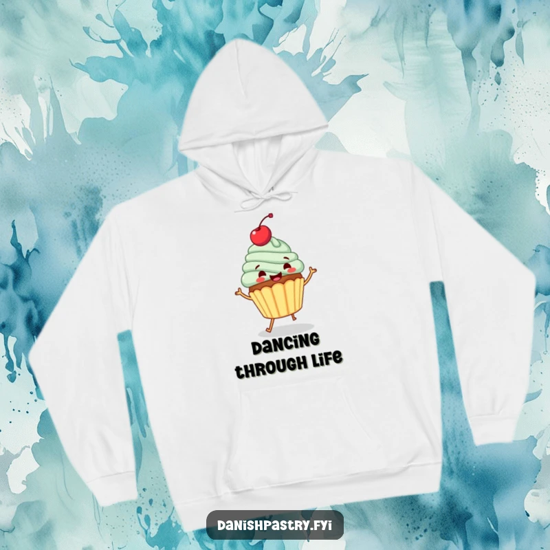 Funny hoodie depicting a gleeful cupcake with a cherry, doing a happy jig. Cozy and humorous dessert apparel.