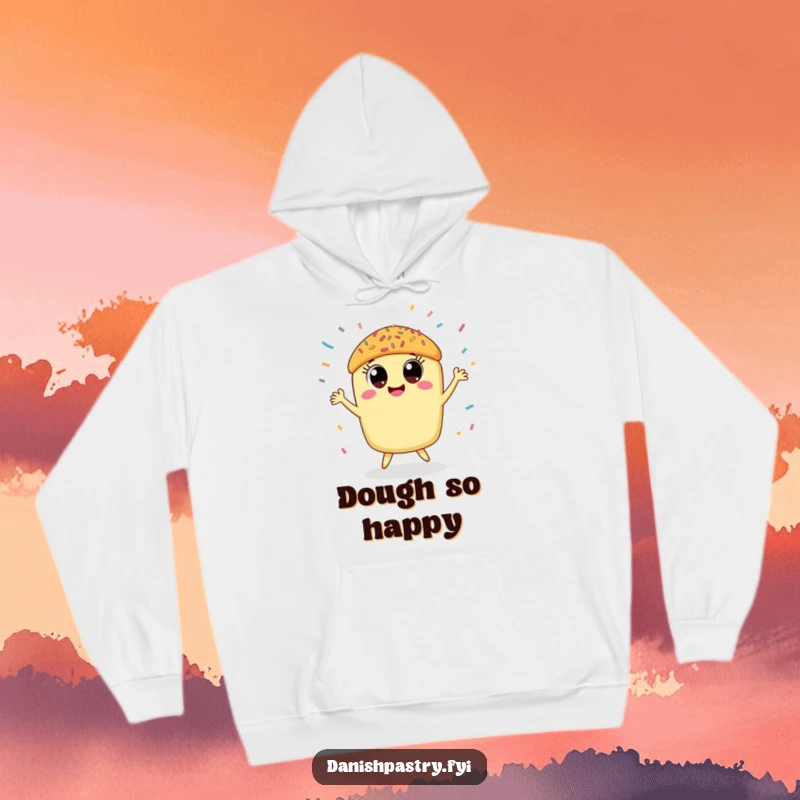 Funny pastry hoodie featuring a smiling pastry dancing joyfully amidst falling sprinkles, offering cozy comfort and sweet vibes.