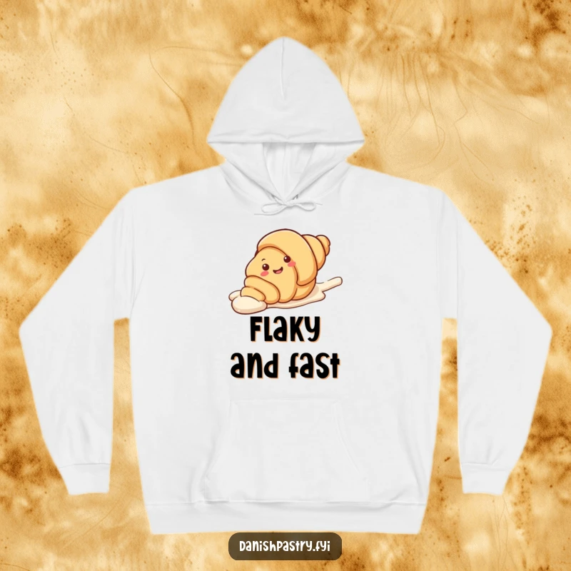 Funny Hoodie featuring a smiling croissant character sliding smoothly down a glistening icing streak. A warm and humorous apparel choice.
