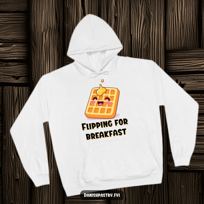 Funny waffle hoodie showing a delighted character grinning upside down with syrup, a symbol of sweet, humorous comfort.