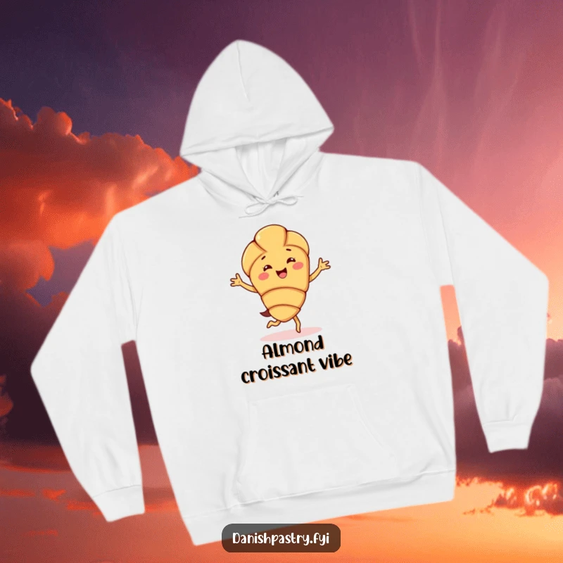 Funny almond croissant hoodie, showing a delighted character doing a happy jig, combining warmth with pastry-themed playful energy.