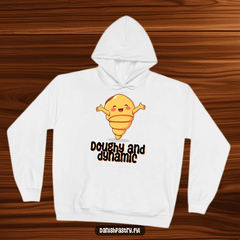 Funny Hoodie of a smiling croissant performing a joyful cartwheel, perfect for cozy, humorous wear.