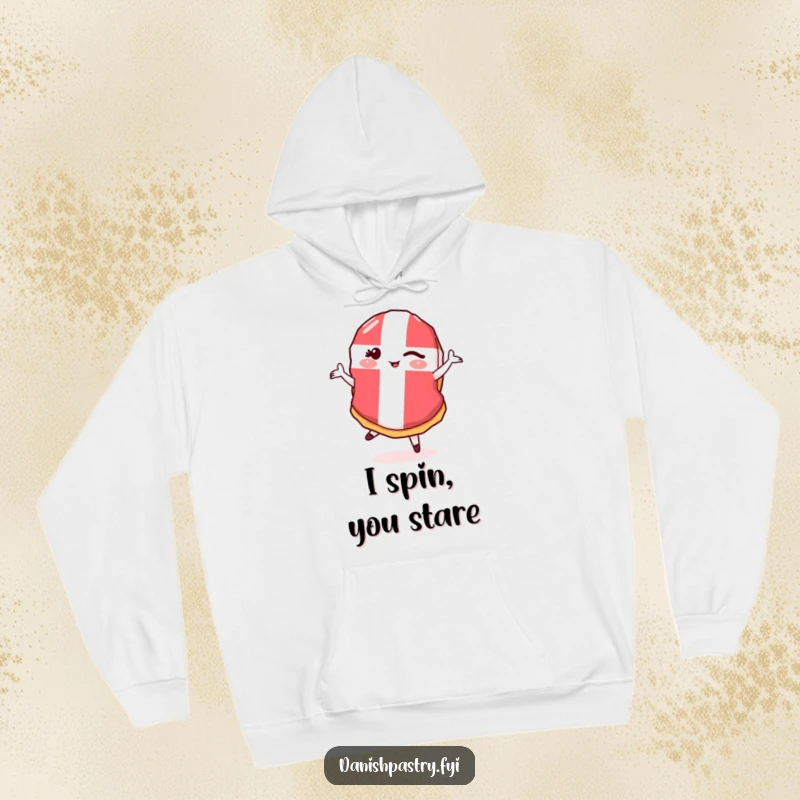 Funny Danish Flag Pastry Pirouette Hoodie featuring a winking pastry doing a pirouette, offering cozy and funny pastry comfort.