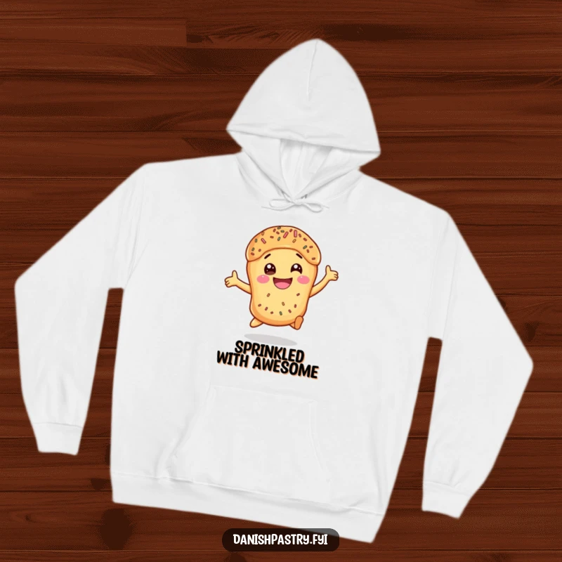 Funny Danish Pastry Leap Hoodie showing a happy, leaping pastry with sprinkles, a cozy and funny gift idea.