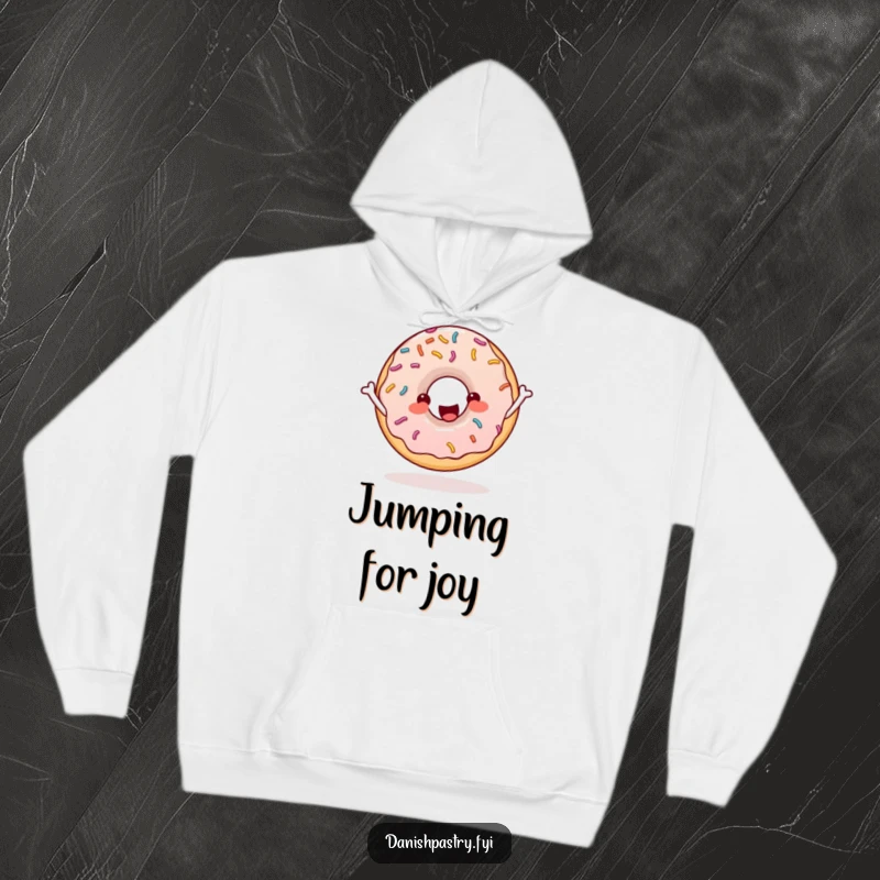 Funny donut with sprinkles skipping rope enthusiastically, a cozy and motivational hoodie for workouts and casual wear.