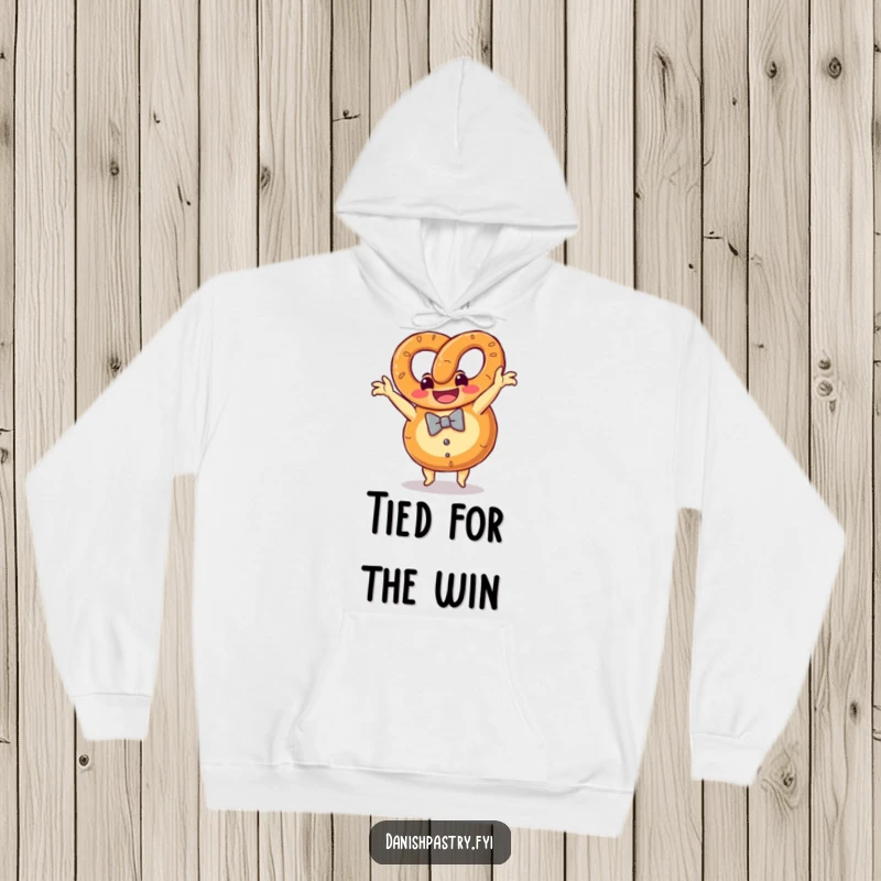 Funny grinning pretzel with a bow tie doing a somersault, a cozy and humorous hoodie for snack enthusiasts.