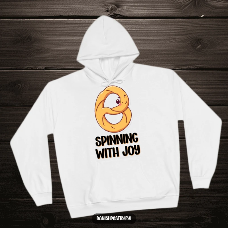 Funny hoodie featuring a grinning pretzel spinning enthusiastically. Cozy and humorous snack apparel for all.
