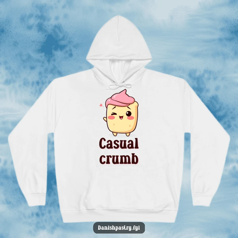 Funny scone character playfully shrugging with a wink, featured on a cozy and hilarious dessert hoodie.