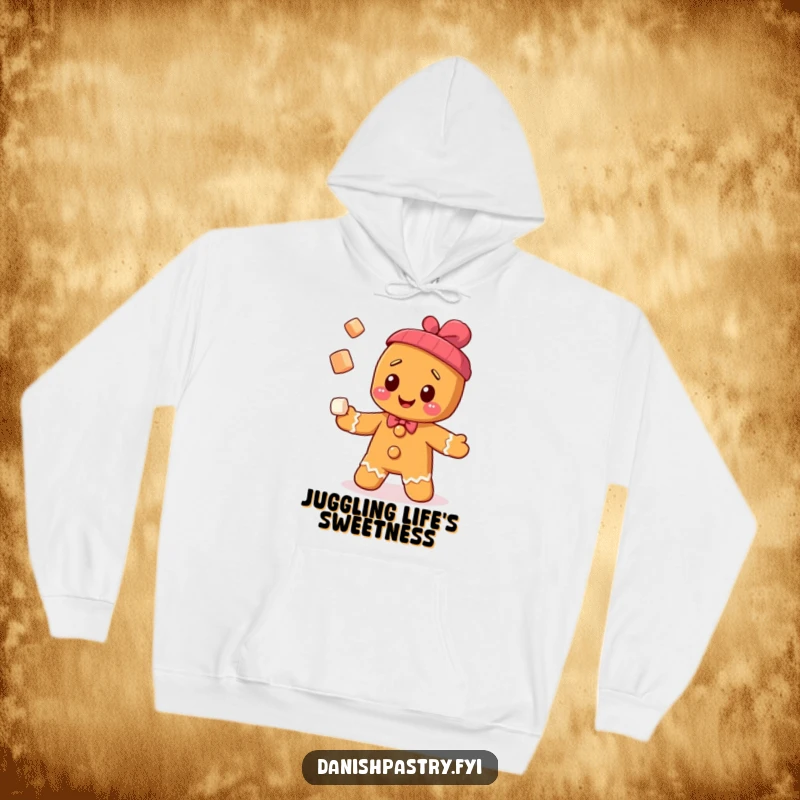 Funny cheerful gingerbread man character juggling sugar cubes on a warm hoodie, ideal for cozy and humorous wear.