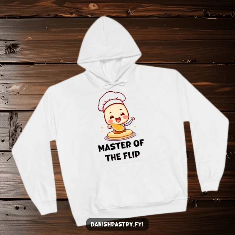 Funny Danish Pastry Chef Hoodie with a character in a chef hat excitedly flipping a pancake, perfect for cozy, humorous wear.