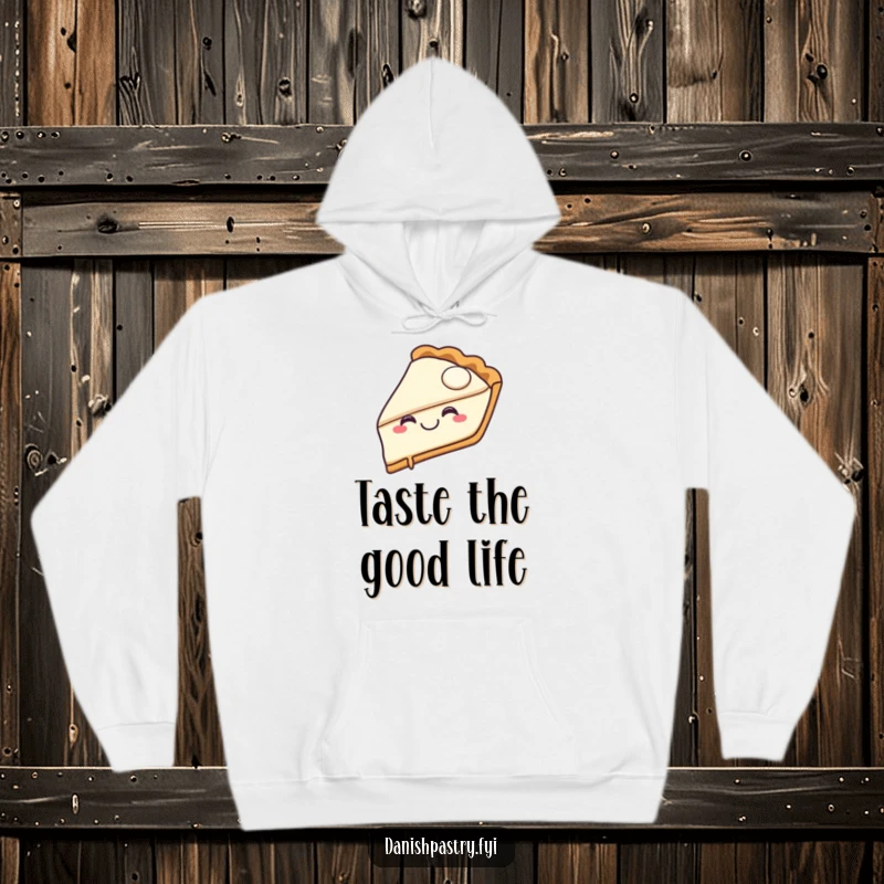 Funny pie slice hoodie showing a joyful character with a happy grin taking a bite, a symbol of sweet, humorous comfort.