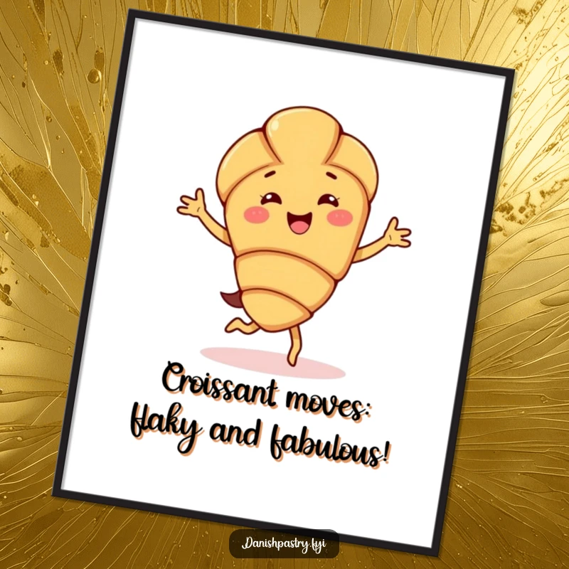 Funny Free Printable Wall Art of a delighted almond croissant character doing a happy jig, adding a playful vibe to any room.
