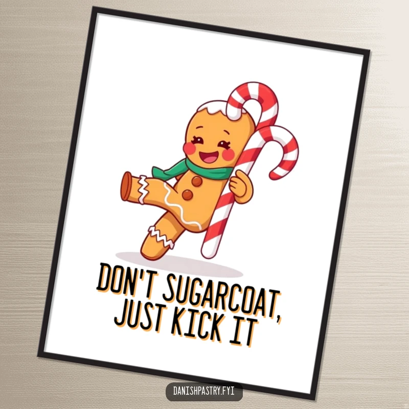 Funny Free Printable Wall Art: Gingerbread Man Kicking Candy Cane, Energetic & Playful Downloadable Decor