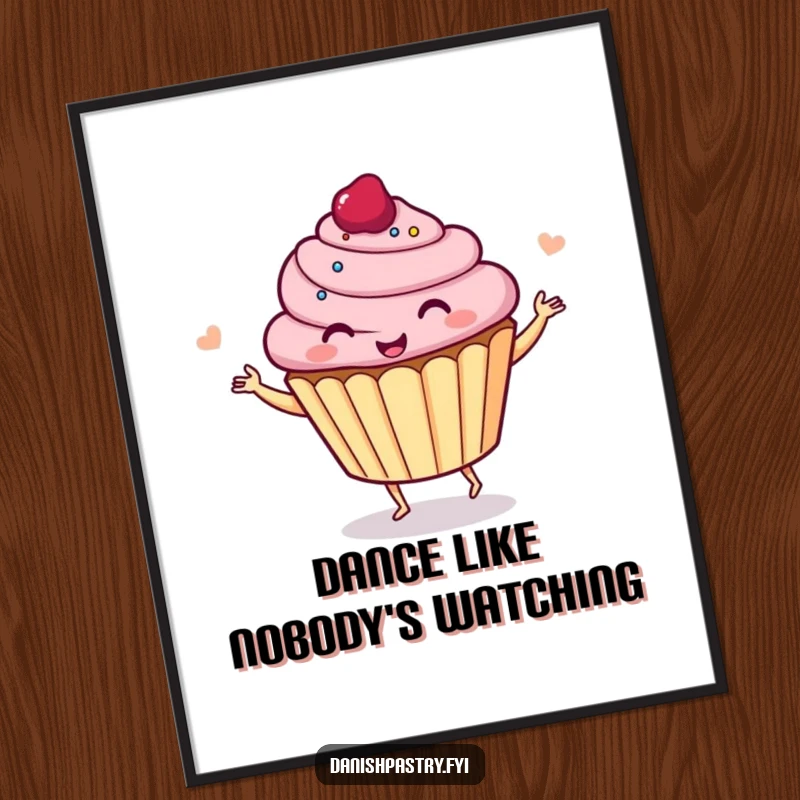 Funny free printable wall art of a giggling cupcake dancing energetically, adding a whimsical and cheerful touch to decor.