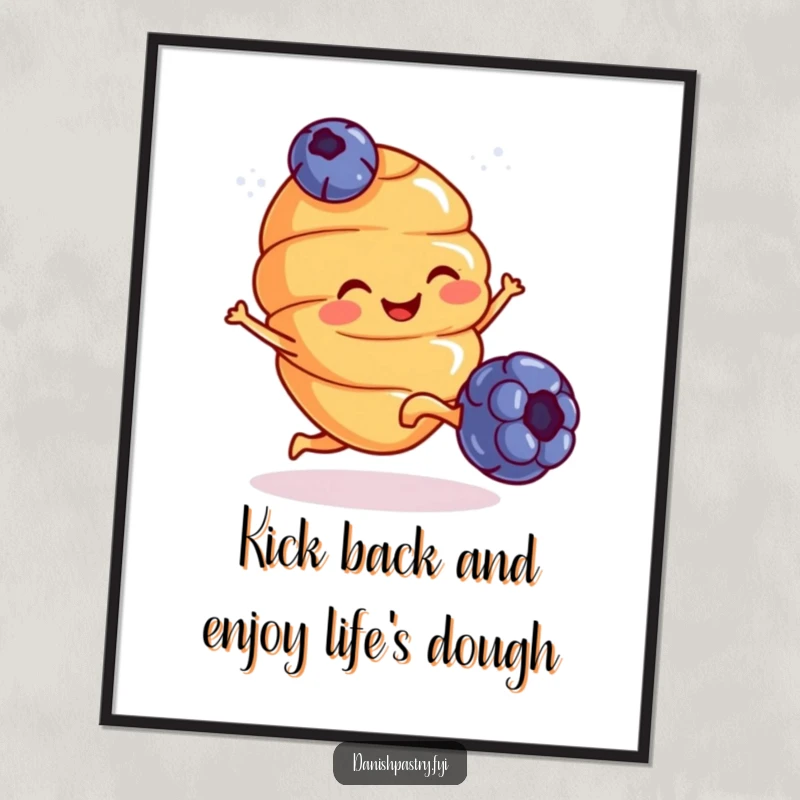 Funny Free Printable Wall Art: A smiling croissant with tiny legs energetically kicks a blueberry, a playful scene.
