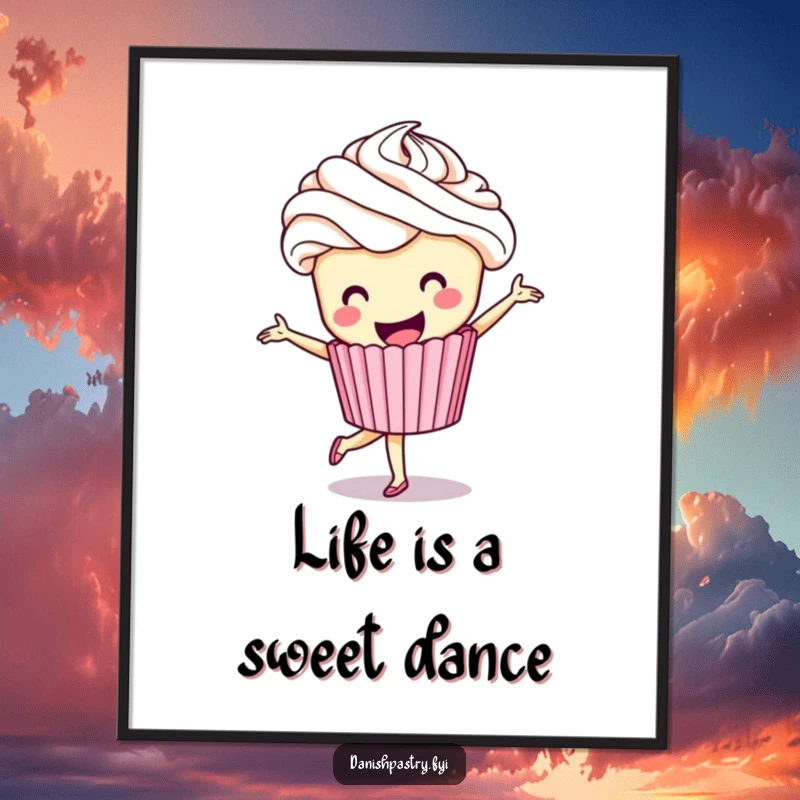 Funny Free Printable Wall Art: A smiling cupcake with elaborate frosting hair doing a dynamic ballet pirouette.