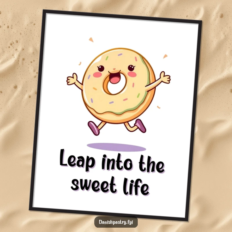 Funny Free Printable Wall Art: A jubilant jelly donut leaps with energy, trailing colorful sprinkles across the space.