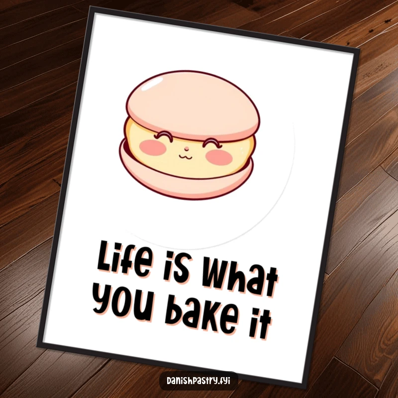 Funny Free Printable Wall Art of a happy macaron with rosy cheeks blowing a kiss, adding a touch of sweet charm.