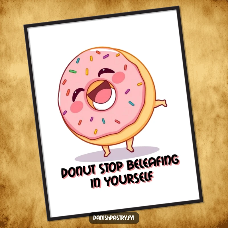 Funny Free Printable Wall Art of a laughing donut with sprinkles performing a hilarious somersault, adding zest to decor.