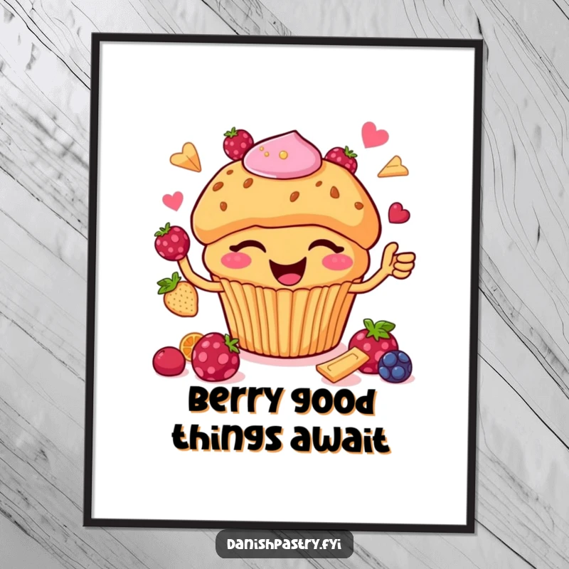 Funny Free Printable Wall Art: A happy muffin with chips winks playfully while juggling fresh berries, a fun scene.