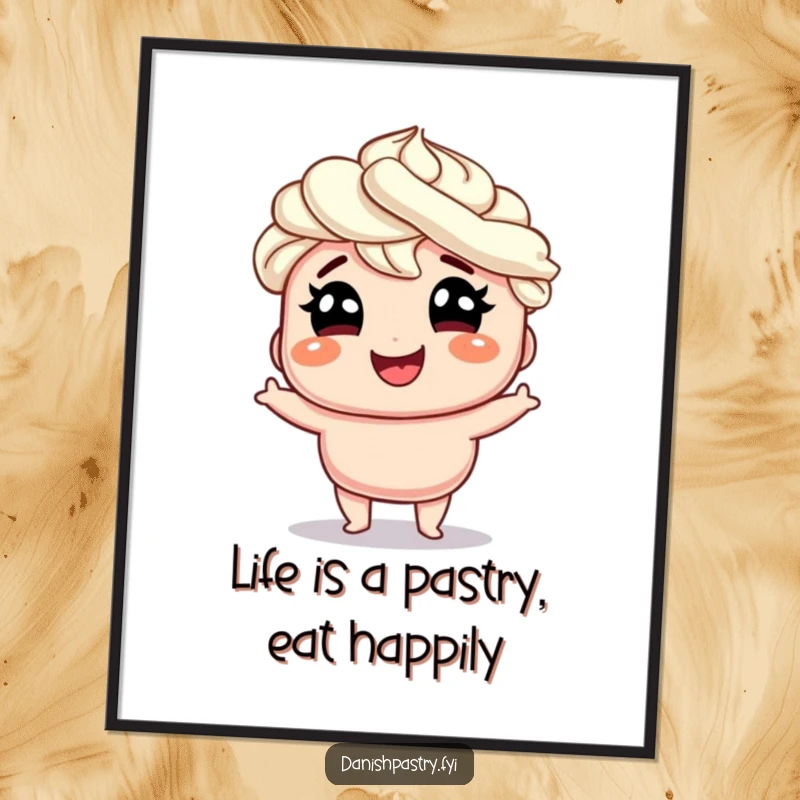 Funny Free Printable Wall Art: A smiling Danish pastry with whipped cream hair wobbling with pure joy.