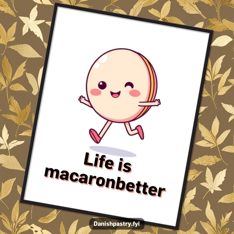 Funny Free Printable Wall Art: A smiling macaron skips happily, adding a burst of sweetness and charm.
